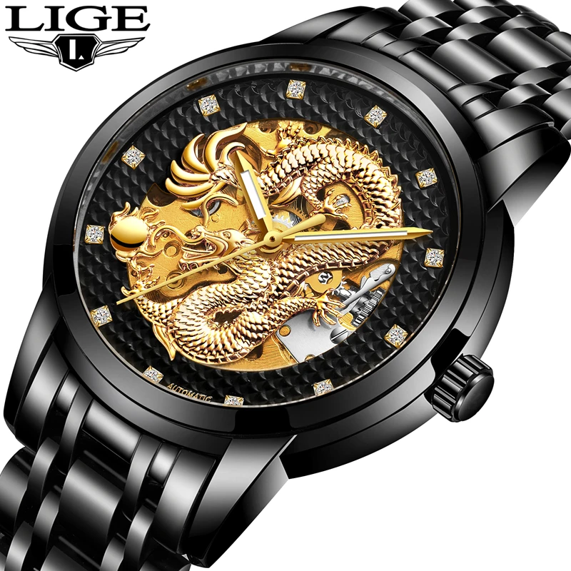 Prix LIGE De Luxe Dragon Automatique Mécanique Montres En Cuir Hommes de Montre Homme En Acier Inoxydable Étanche Horloge relogio masculino