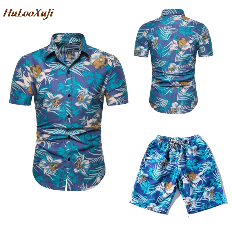 HuLooXuJi Men Summer Sets Fashion Blue Flower Printed Short Sleeve Shirts +Shorts Two Piece Set Tracksuits US Size:S-2XL | Мужская