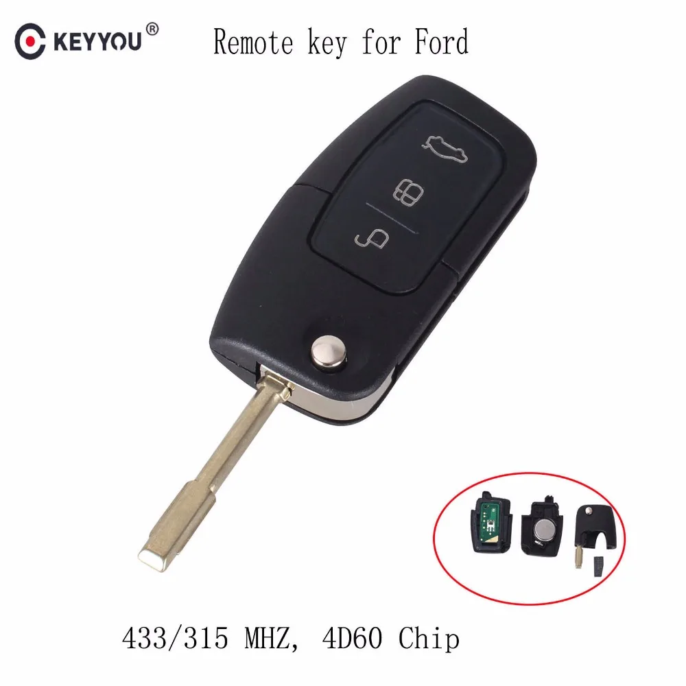 

KEYYOU 315/433 MHz 3 Buttons Flip Remote Control Key For FORD FOCUS MONDEO FIESTA C MAX S MAZ GALAXY TRINSIT 4D60 Chip Car Key