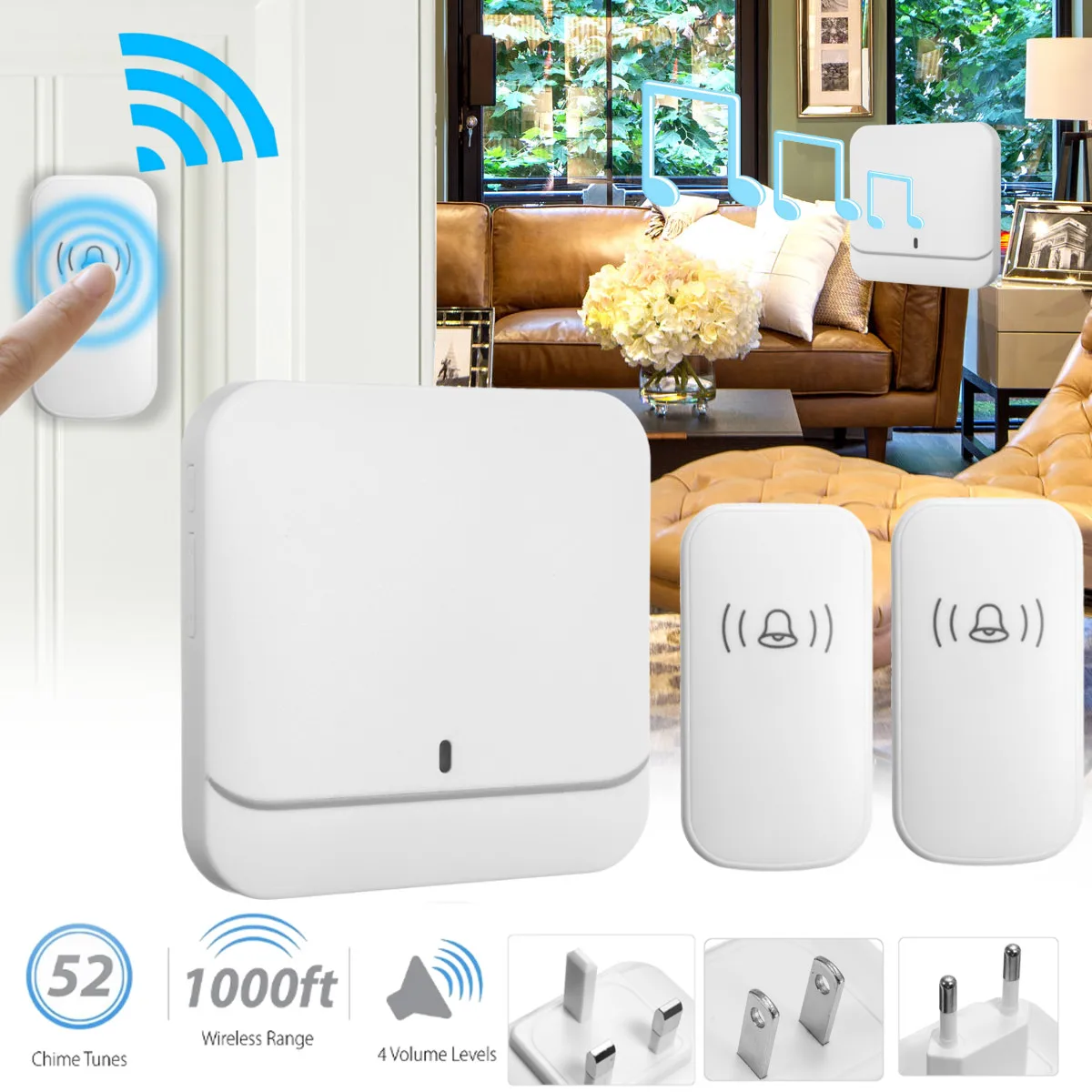 

New Wireless Doorbell Waterproof 1000ft Remote EU UK US Plug smart Door Bell 52 Chime battery 2 button 1 receiver AC