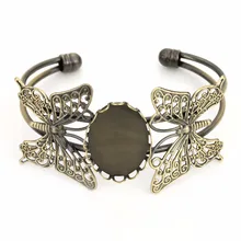 DIY bransoletka ustalenia antyczny brąz miedź puste oprawy fasetowany wisiorek podwójny motyl bransoletka baza Fit 18*25mm Cabochon Cameo