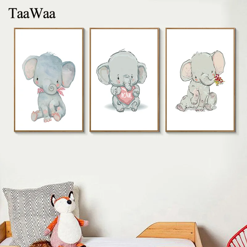 

TAAWAA Baby Nursery Wall Art Canvas Painting Animal Nordic Posters and Prints Elephant Wall Pictures Kids Girls Room Home Decor