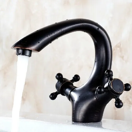 

Fashion double handle bathroom basin bronze faucet hot and cold Antique black faucet black wash basin antique sink tap