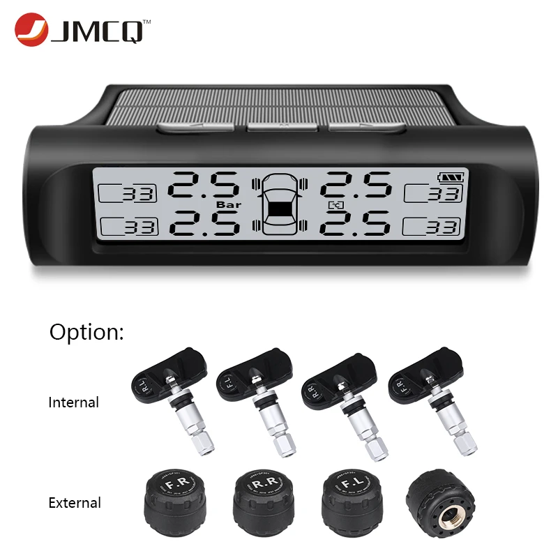 

JMCQ Car TPMS Solar Charging Tire Pressure Monitoring System auto Alarm System Auto Safe Wireless With 4 Internal sensor Monitor