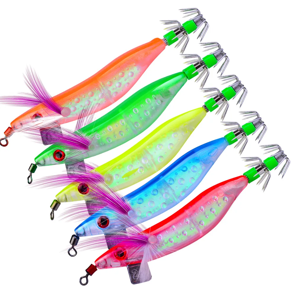 

5pcs Fishing Lure 10cm 8.1g Squid Hook With Laser Card Jigging Octopus Cuttlefish Shrimp Baits 3D Eyes Luminous Lures