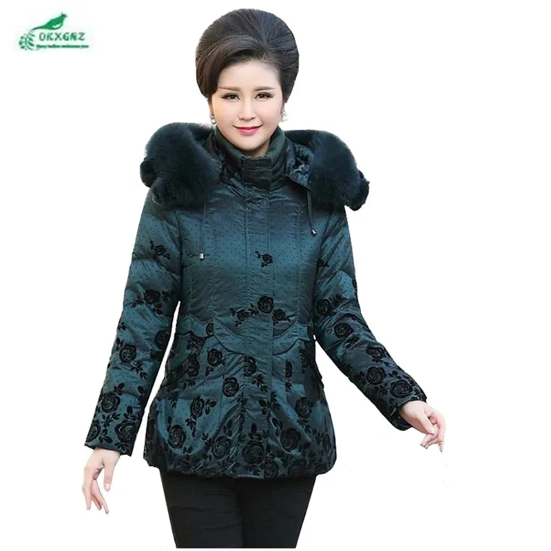 

OKXGNZ 2017 New Fashion elegant Women Coat Big Yards Hooded fur Collar Winter Coat Warm Middle-aged Cotton jacket Coat QQ041