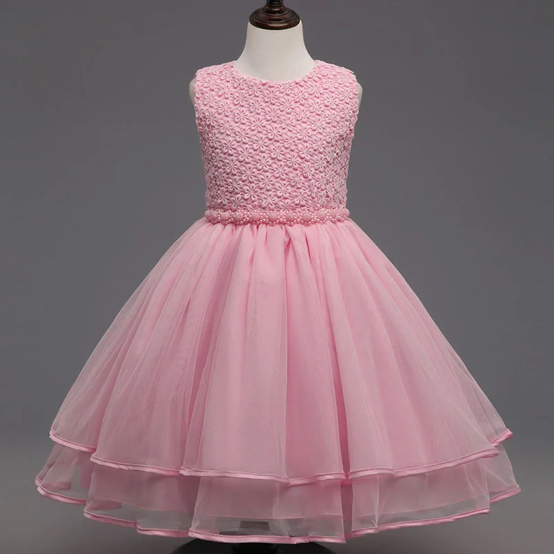 

new Full dress Girls sleeveless Princess white pink Party Dress Summer Baby girl bow Lace Dresses 3-8old 1