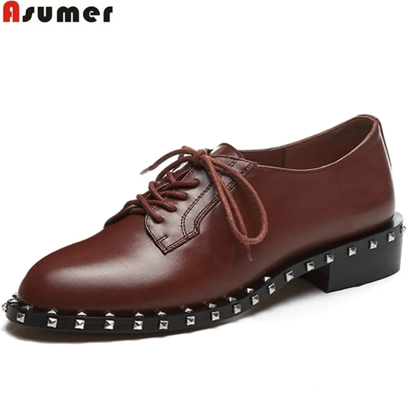 

ASUMER black brown fashion spring autumn shoes woman round toe lace up rivet square heel women genuine leather low heels shoes