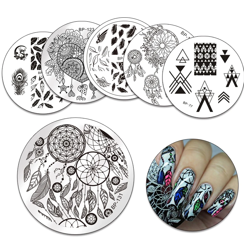 

2Pcs/Set BORN PRETTY Round Stamping Plate Dream Feather Heart Birds Manicure Nail Art Image Plate