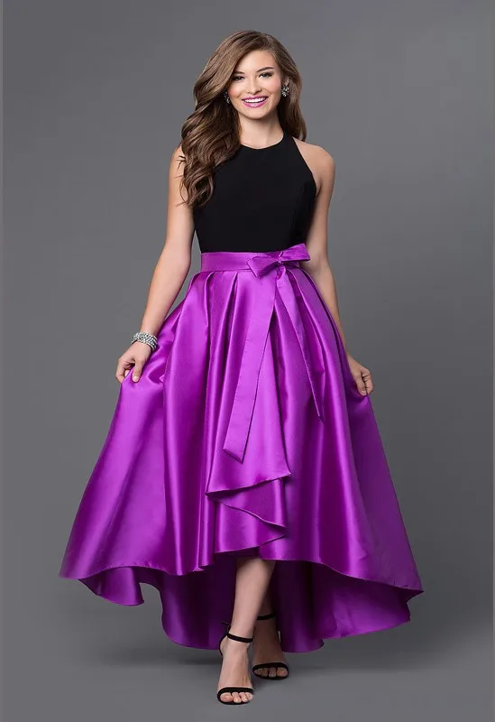 Enthusiasm Color Black Purple Illusion Satin Halter Short Prom Dress Bow Sash Backless High Low