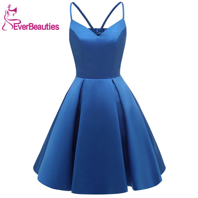 

Royal Blue Homecoming Dresses with Pockets 2019 Women Short Satin Knee-Length Spaghetti Straps Cocktail Dresses
