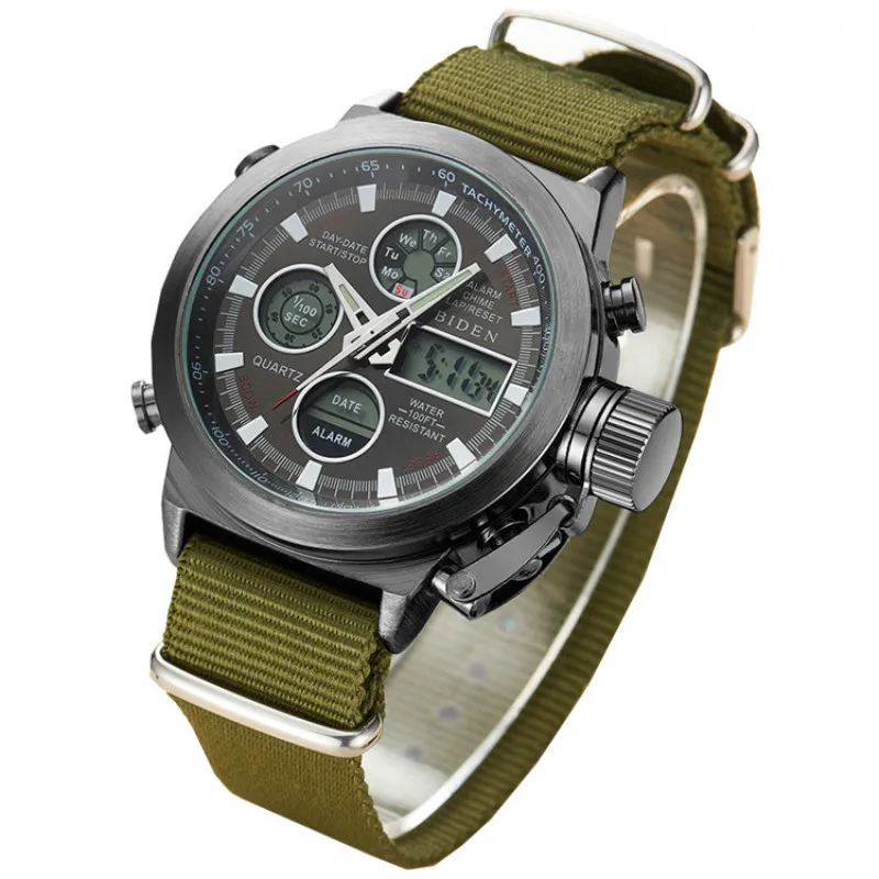BIDEN Brand Men Diver LED Digital Sports Watch Military Genuine Leather Nylon Quartz Wristwatches W
