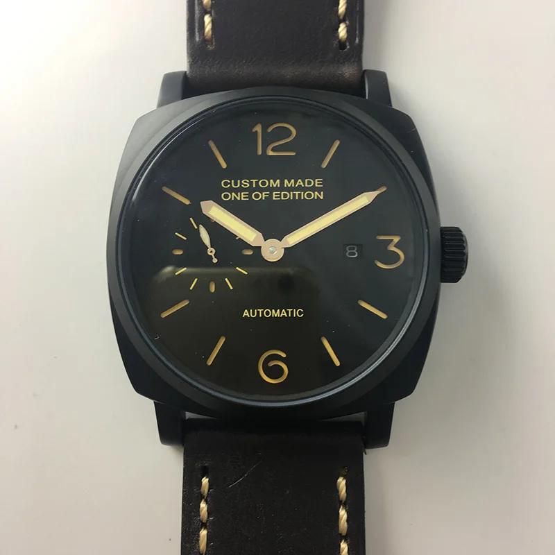 

OUMASHI Men Automatic Machinery Watch 47mm Leather Strap Luminous Black Dial PVD Case Military Waterproof Watch