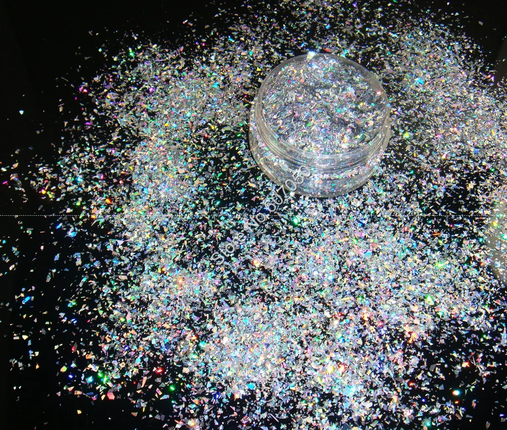 

Solvent Resistant Holographic Glitter Irregular Mylar Flakes Laser Silver Galaxy Effect for Nail Polish Art Glitter Craft