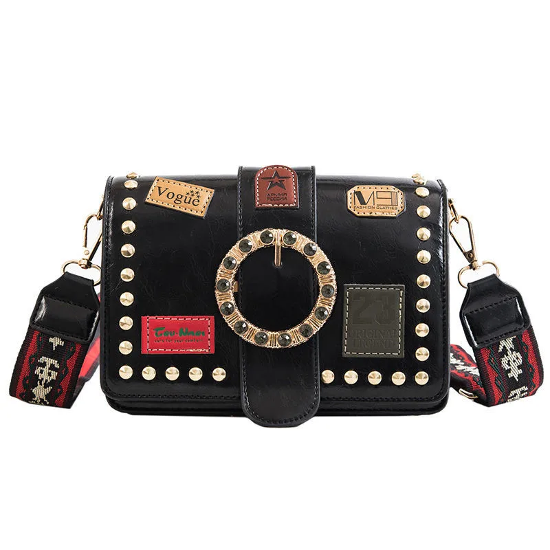 

CROSHO Badge Rivet Small Square Bag Chic Wide Shoulder Strap Cross Shoulder Bag Thread Bags