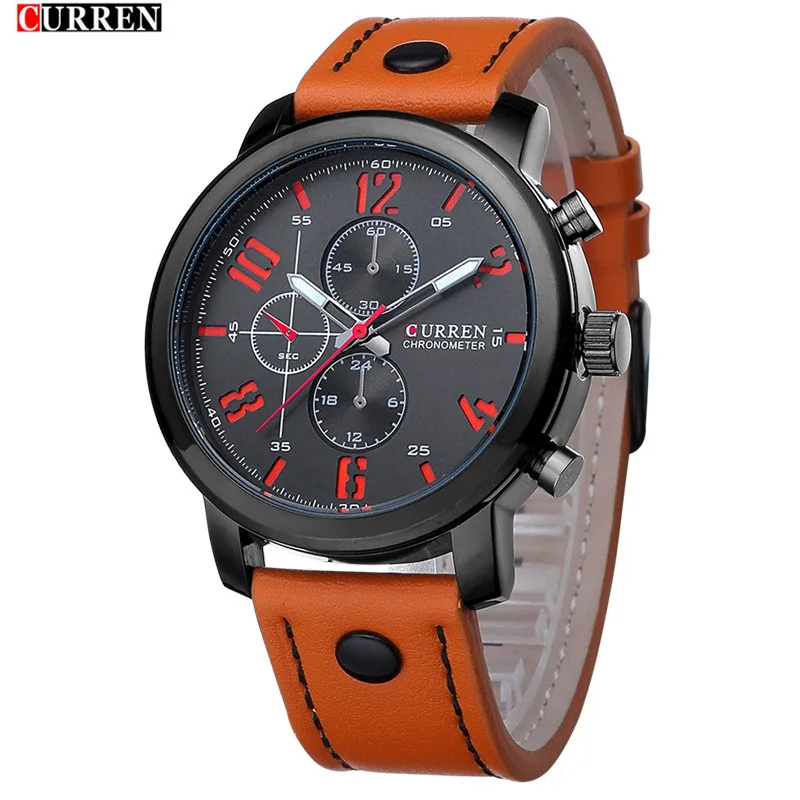 CURREN 8192 мужские часы Топ бренд класса люкс кожаный ремешок Кварцевые часы мужские повседневные спортивные Прямая Мужские часы Relogio Masculino - Цвет: black orange