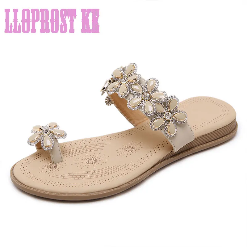 

Lloprost ke 2017 Fashion Bohemia Flower Rhinestone Sandals Woman Shoes Comfort Beach Summer Flip Flop Studs Flat Sandals JT482