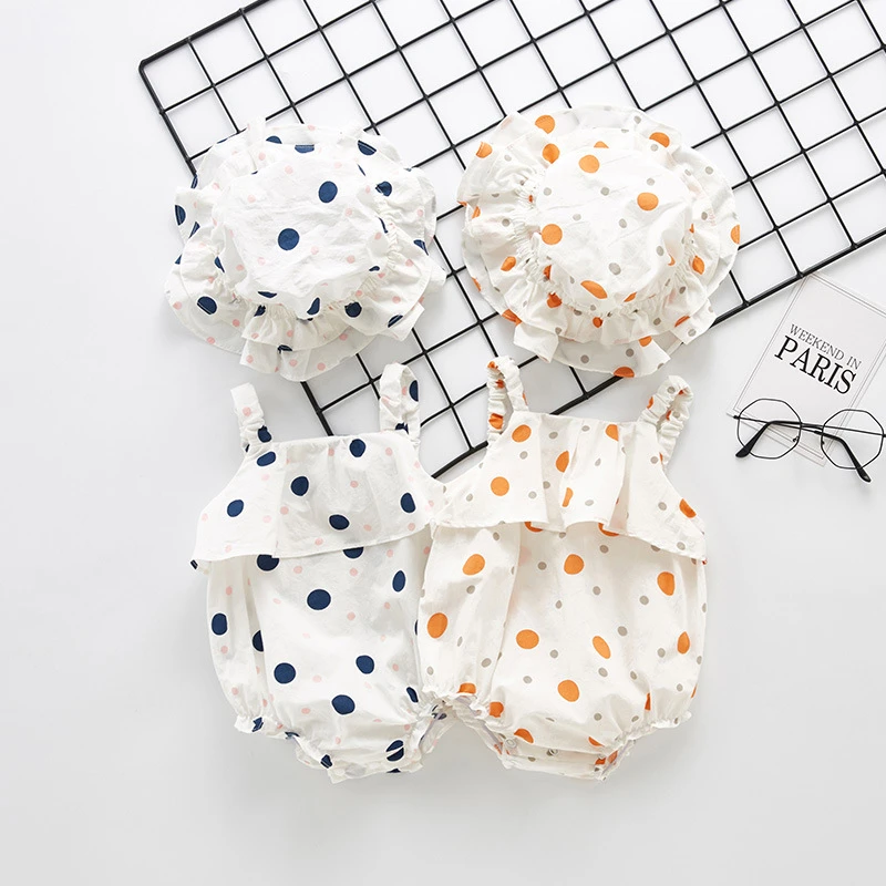 Summer Infant Toddler Kids Baby Girl Clothes Sleeveless Sling Dot Off Shoulder Romper Jumpsuit Playsuit Sunsuit cap