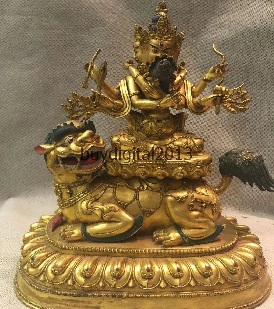 12 "Тибет Буддизм Храм Бронзовый Золотой Сиденье Лев 3 Головы 6 руки Статуя Будды
