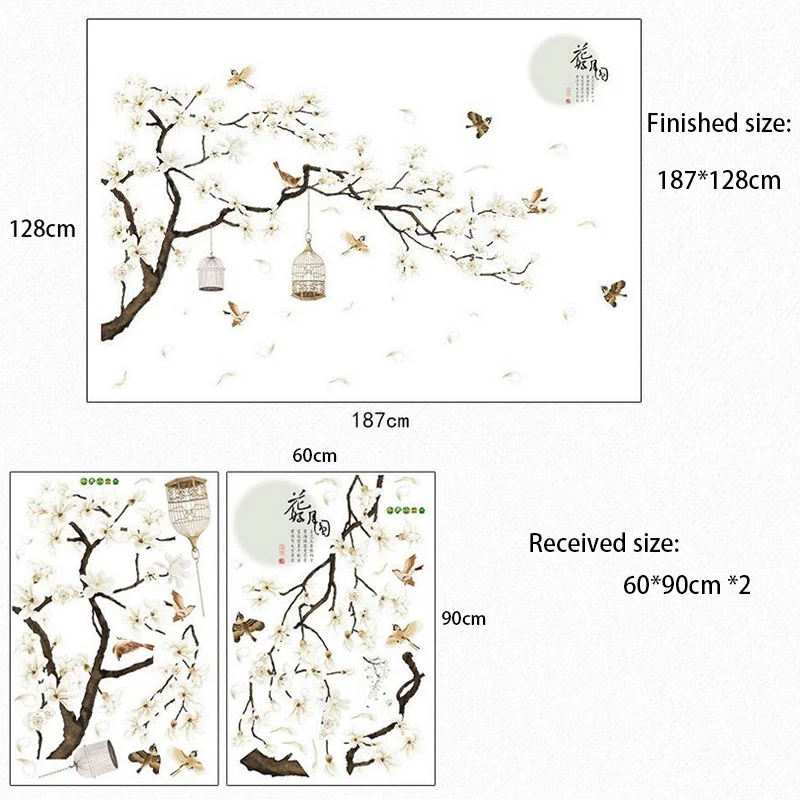 Китайская слива дерево растения Цветок Птица Клетка спальня фон декоративные наклейки домашние наклейки на стену Наклейка художественная роспись 187*128 см