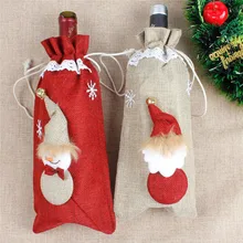Red Linen Wine Gift Bags Set Champagne Xmas Home Dinner Party Table Decoration Snowman Design Holder Christmas Wine Bottle Cover