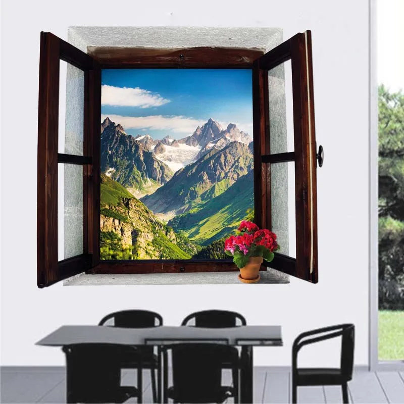 3D Window View Wall Sticker Removable PVC Mountains Landscape Decal