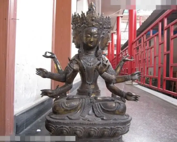 

S03759 33 Tibet Buddhism Temple Old Bronze Four Face Head Eight Arm Hands Buddha Statue (A0321)