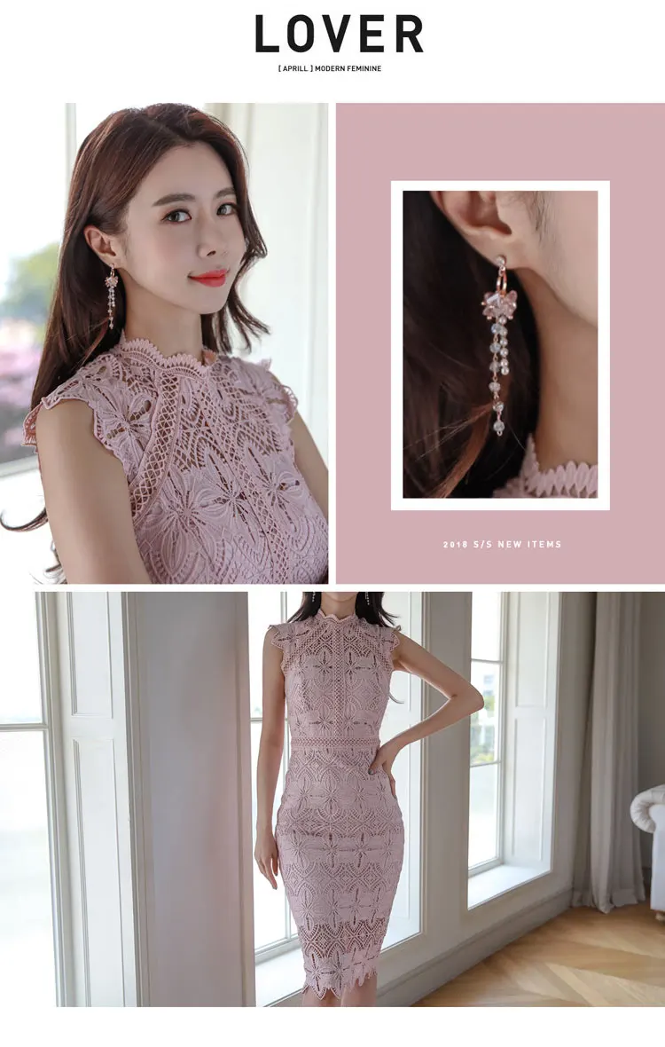Женское сексуальное элегантное кружевное просвечивающее платье-карандаш, летнее Новое приталенное однотонное корейское облегающее платье C554