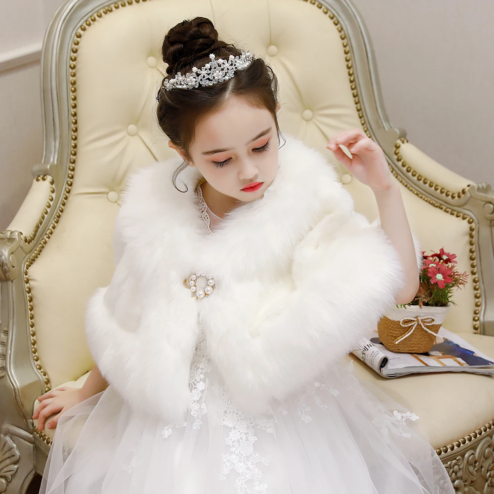 White Faux Fur Wrap Girls Short Cape Winter Warm Shawl Children Pageant Party Dress Cover Up