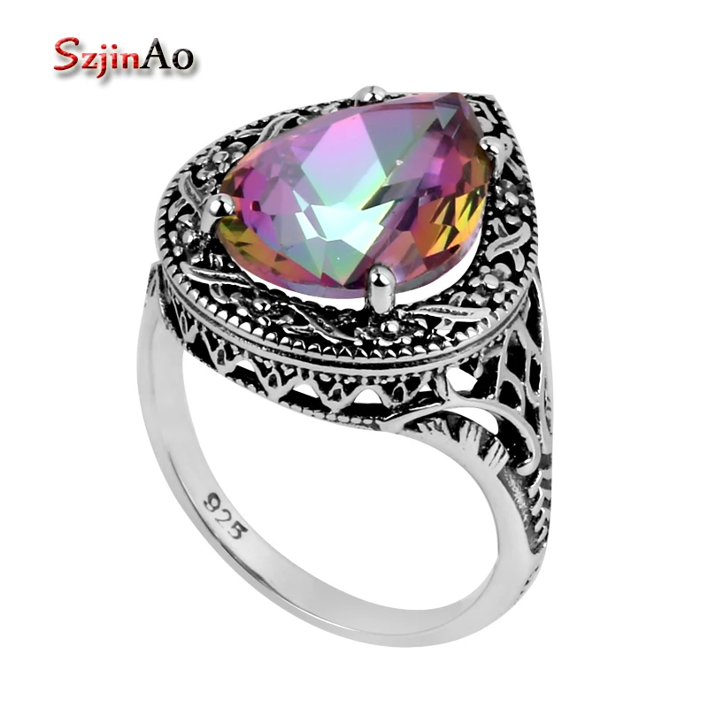 

Szjinao Christmas Gifts Border Flowers Antique Rainbow Toapz Ring 925 Sterling Silver Love Rings for Women Wedding Invitations