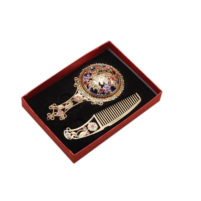 

High Quality Gift Souvenirs Women Girl Pocket Chinese Traditional Cosmetic Make Up Rhinestone Mirror Comb Set Accessories