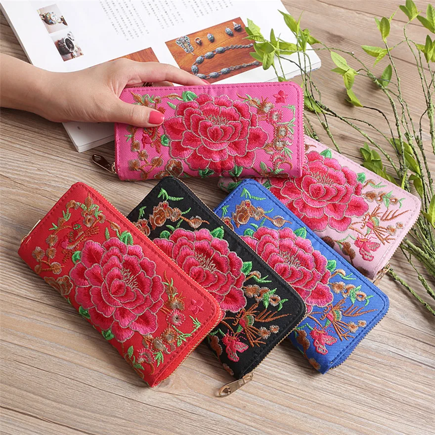 

Women Fashion Single Pull Embroidery Ethnic Style Wallet Card Bag Coin Bag Clutch Female Wallet monederos para mujer