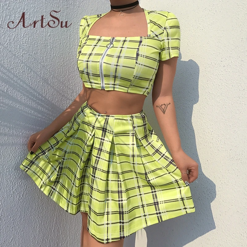 

ArtSu Vintage Plaid 2 Pcs Set Women Skirt Sets Summer Top Crop and Skirt Set High Waist Two Piece Tracksuit Ladies ASSU20167