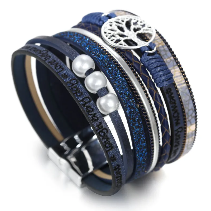 Amorcome Древо жизни женский кожаный браслет ювелирные изделия Дамская мода многослойная богемная накидка широкие браслеты и браслеты - Окраска металла: Blue