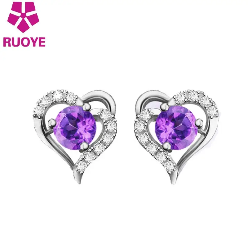 

RUOYE Fashion 925 sterling Stud Earrings Luxury Purple Crystal Heart Design Earrings For Women Lover silver Gift Jewelry