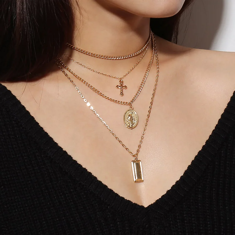 

Fashion Jesus Cross Pendant Long Chain Layered Necklaces Women Personalized Gold Silver Choker Necklace Hip Hop Jewelry Gifts