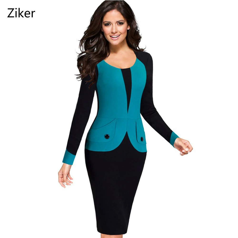 Ziker Brand Winter Pencil Dresses Women Patchwork Long Sleeve Slim