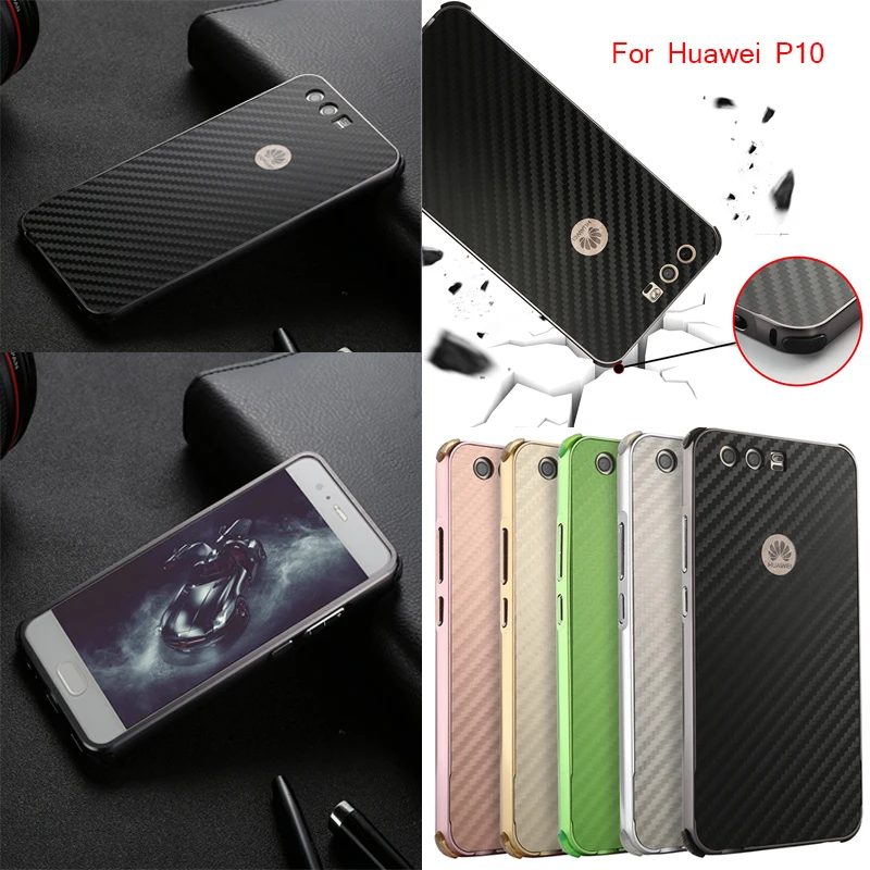 

For Huawei P10 Case Aluminum Metal Frame+Carbon Fiber Hard Back Cover Case for Huawei P 10 P10 Shockproof Phone Shell 5.1 inch