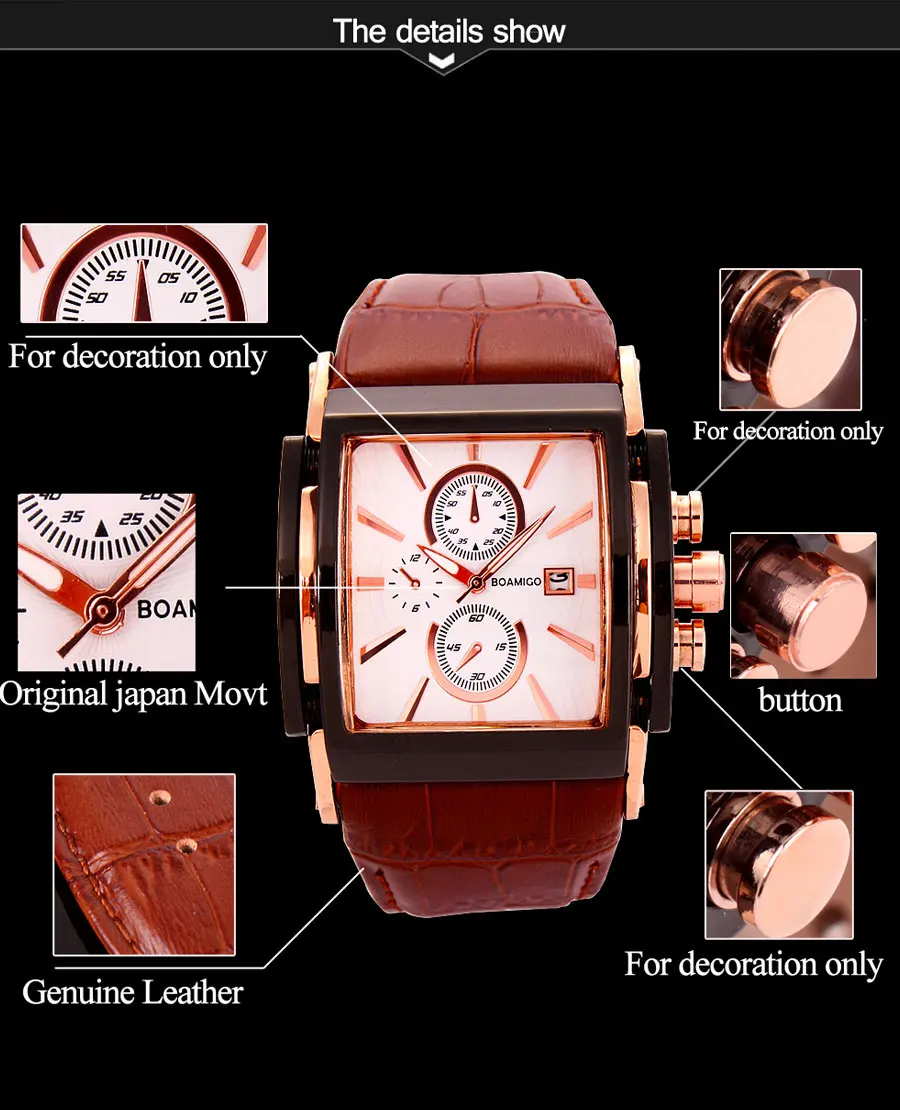 BOAMIGO Coffee Leather Strap Mens Watches Fashion Casual Waterproof Quartz Watch Analog Rectangle Male Clock Relogio Masculino (26)