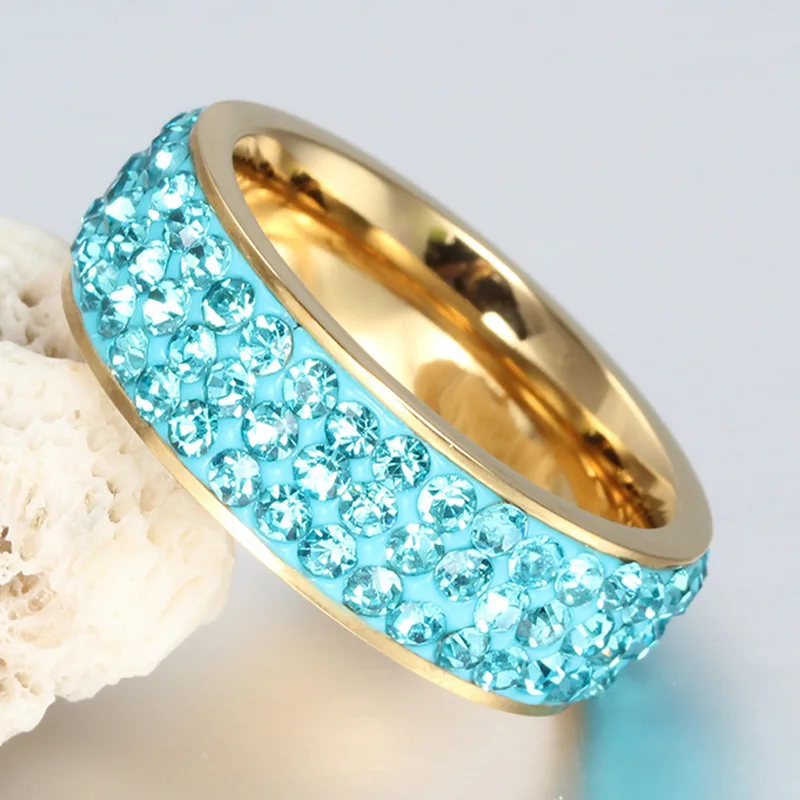 Meaeguet Red Shining Bright Full Paved Crystal Ring Gold-color Stainless Steel 3-Row Stone Wedding Rings For Women Wedding Band