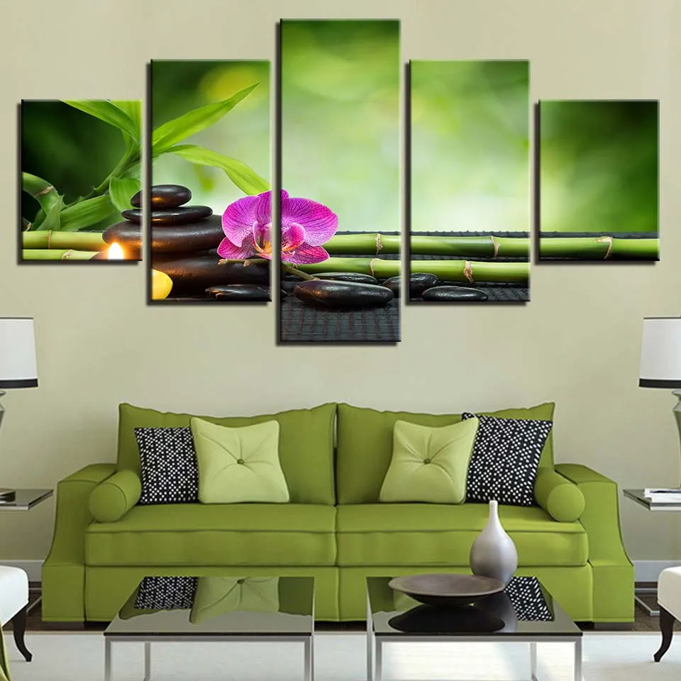 

Modular Canvas Painting HD Prints Home Decor Stone 5 Pieces Bamboo Wall Art Flowers Pictures Bedside Background Artwork Poster