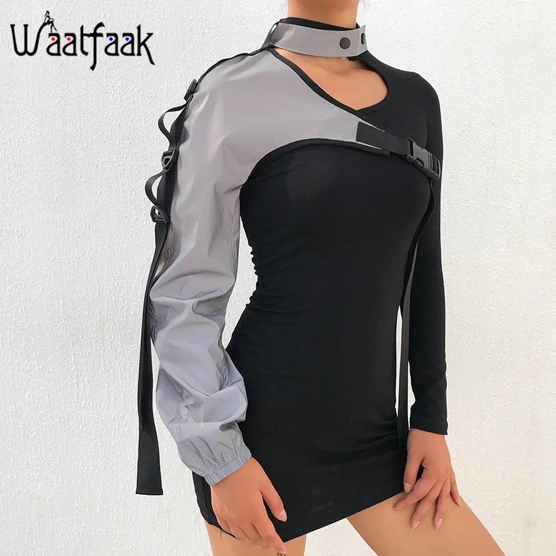 

Waatfaak Reflective One Shoulder Crop Jacket Women Streetwear Strappy Buckle Halter Sexy Hip Hop Long Sleeve Coat Harajuku Tops