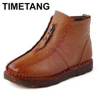 

TIMETANG 2019 Winter Genuine Leather Ankle Boots Velvet Handmade Lady soft Flat shoes comfortable Casual Moccasins Women's shoe