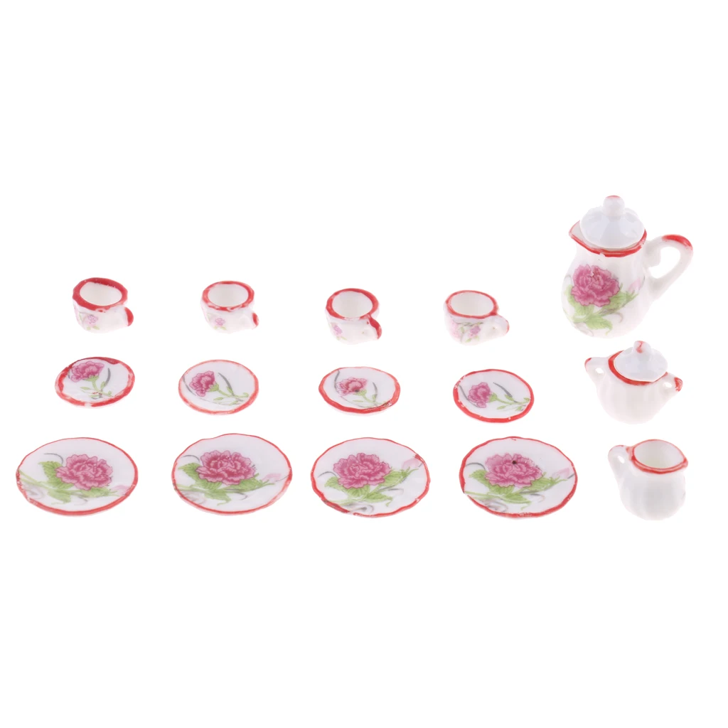Carnation 15 Peices кукольный домик миниатюрная столовая посуда фарфоровый чайный сервиз имбирь для Декор для кукольного дома кухонные игрушки дети подарок на Рождество на день рождения - Цвет: Carnation