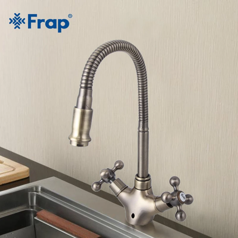 Frap New Arrival Double Handle Kitchen Faucet Goose nose Tap Antique Brass Hot and Cold Water Mixer 360 Degree Rotating F4319-4