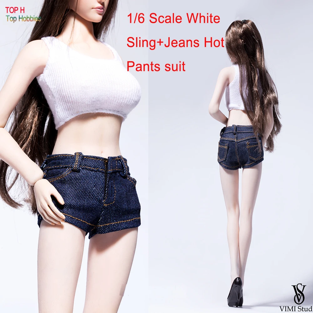 

1/6 Scale Toy White Vest & Shorts Jeans Shoes Set Suit for 12" Female Phicen Jiao Doll Action figure Toys