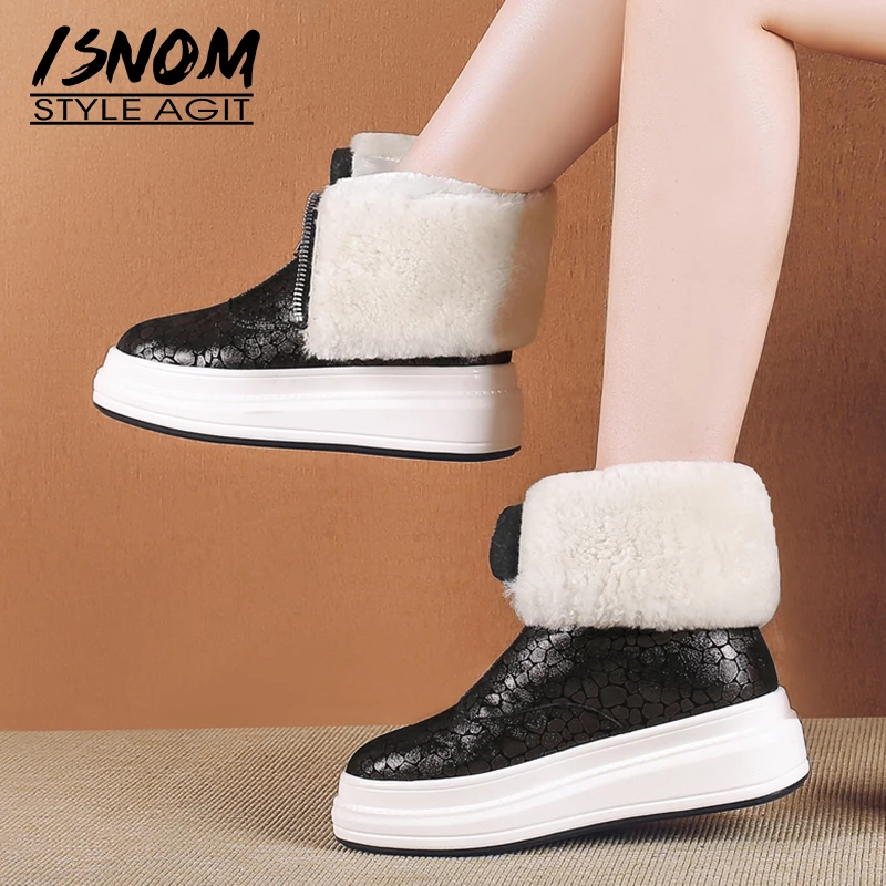 

ISNOM Genuine Leather Women Ankle Boots Warm Round Toe Zip Footwear Lambswool Female Snow Boot Platform Shoes Woman 2018 Winter