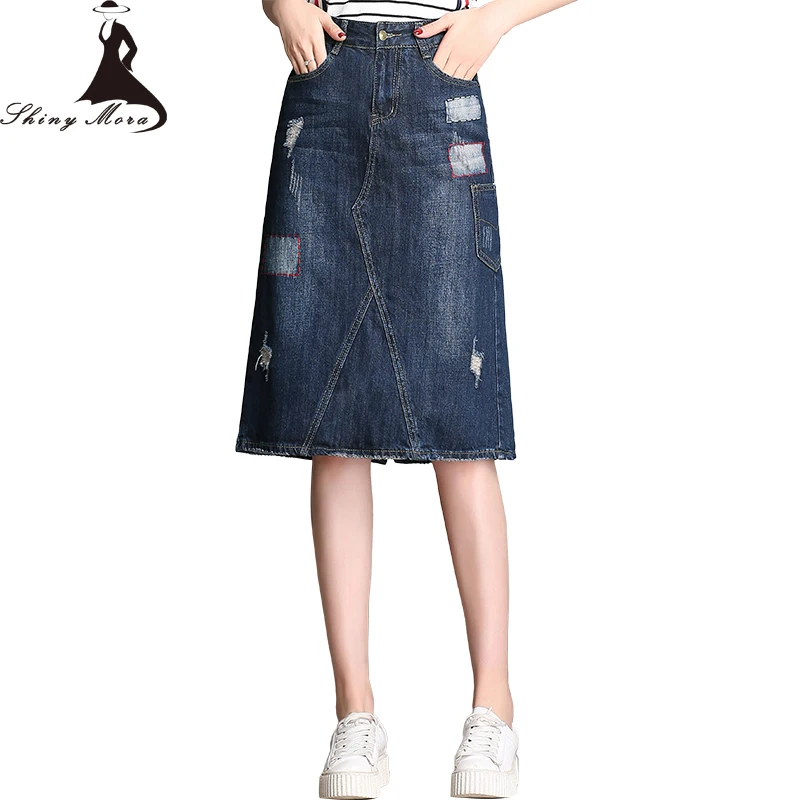 SHINYMORA Embroidery Jeans Skirts Women A Line Denim Skirts Knee Length