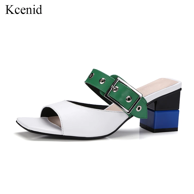

Kcenid 2019 Summer rome sandals women leisure slippers fashion buckle strap women's sandals mixed color square heel slides shoes