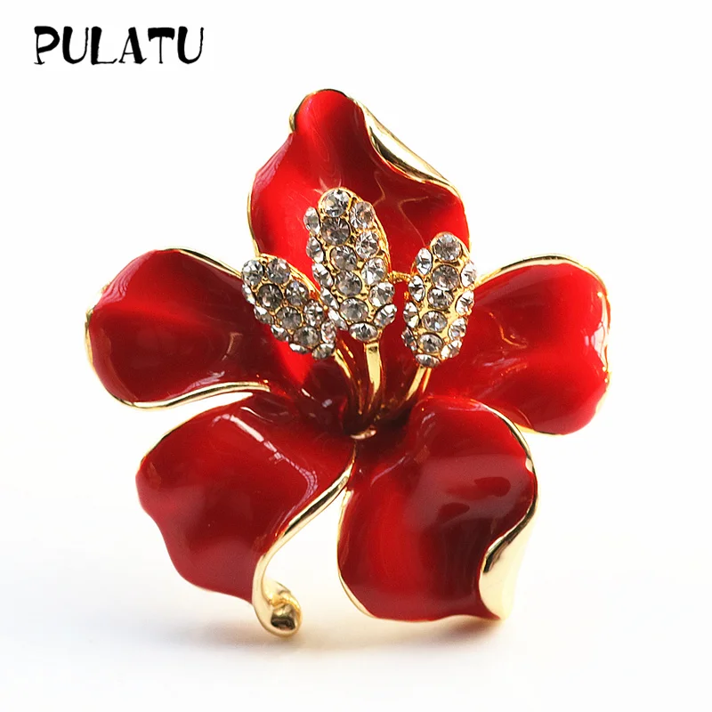 

Pulatu Enamel Glaze Flower Brooches For Women Zinc Alloy Rhinestone Inlay Red Purple New Year Brooch Pins For Clothing Scarf